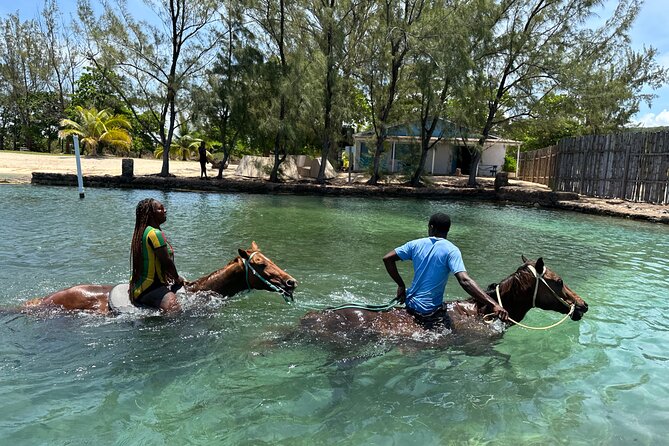 Horseback Ride and Swim Guided Tour from Montego Bay - Getting comfortable before the horses move